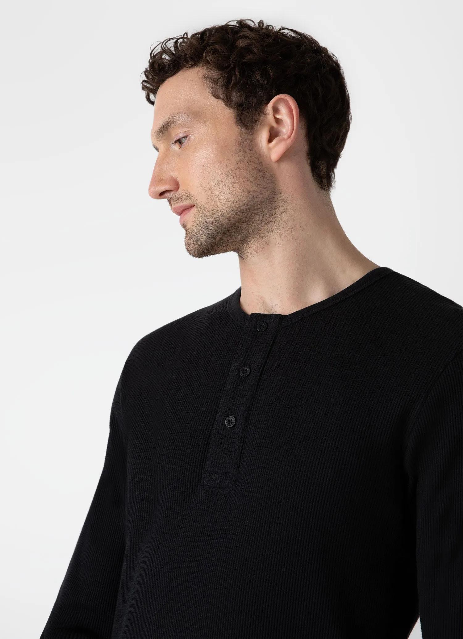 Men's Long Sleeve Waffle Henley in Black