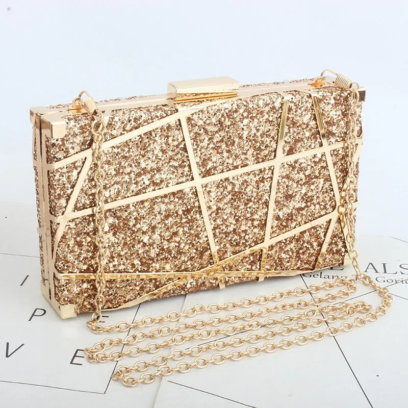 Metal Evening Geometric Hollow Pattern Gold Sequin Clutch Bag/Purse 17