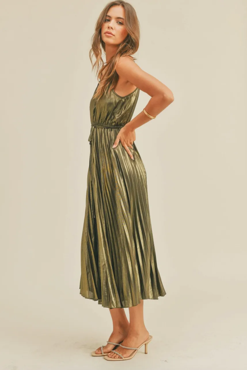 metallic pleated dress