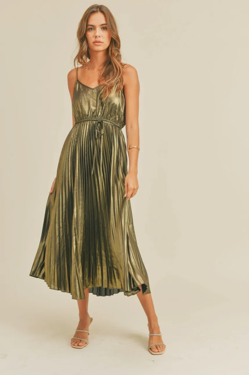 metallic pleated dress