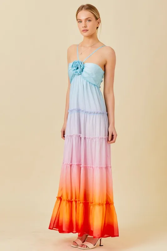 Multi Ombre 3D Flower Ruffle Trim Ombre Print Maxi Dress