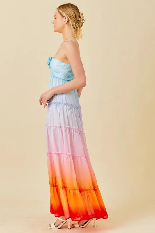 Multi Ombre 3D Flower Ruffle Trim Ombre Print Maxi Dress