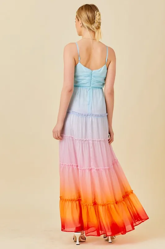 Multi Ombre 3D Flower Ruffle Trim Ombre Print Maxi Dress