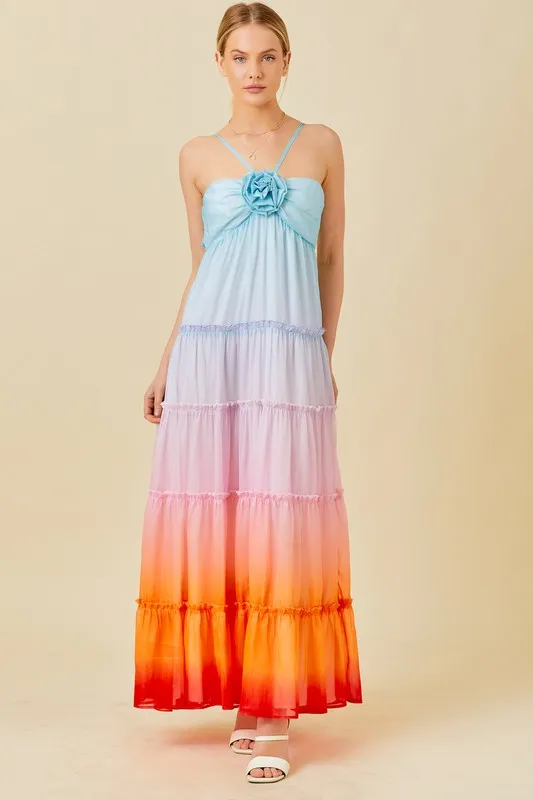 Multi Ombre 3D Flower Ruffle Trim Ombre Print Maxi Dress