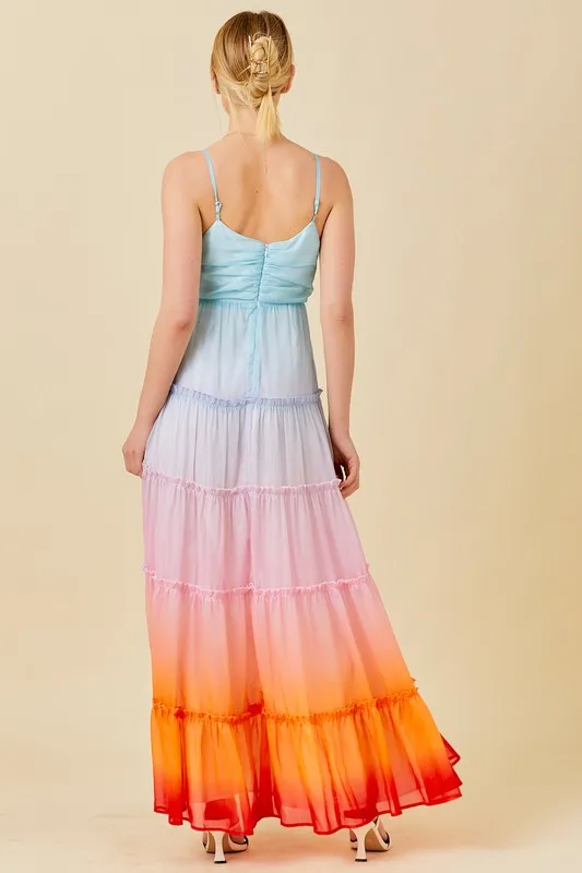 Multi Ombre 3D Flower Ruffle Trim Ombre Print Maxi Dress