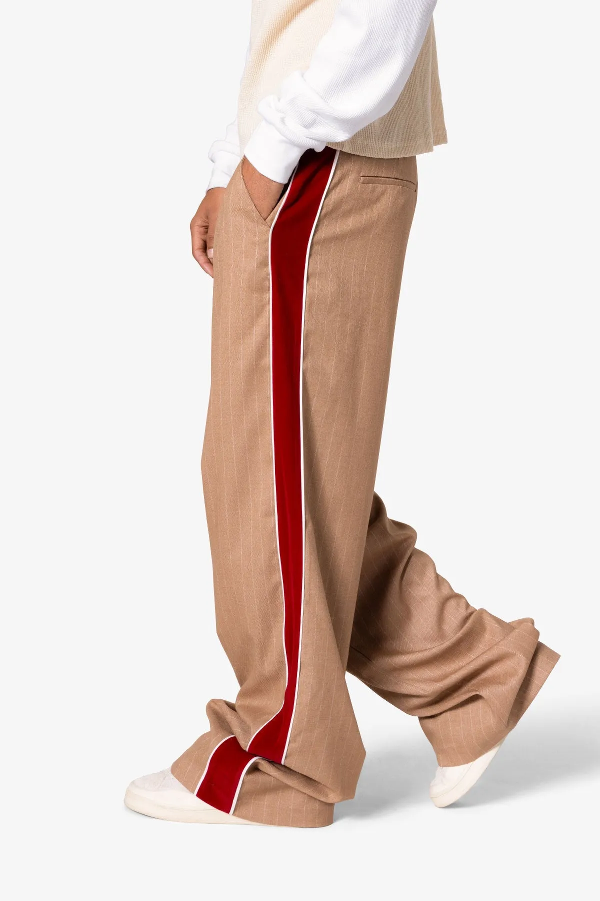 Pinstripe Velvet Trim Trouser Pants - Tan