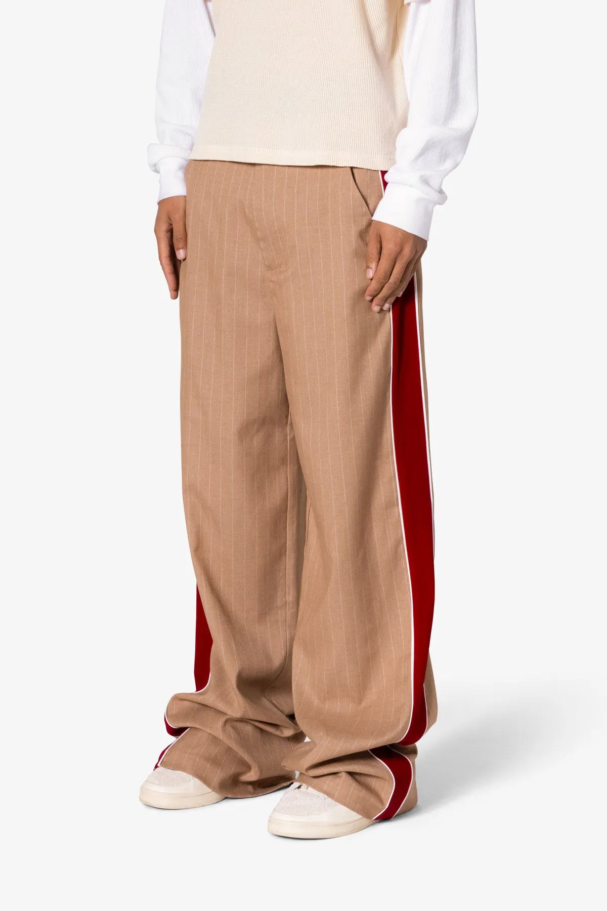 Pinstripe Velvet Trim Trouser Pants - Tan