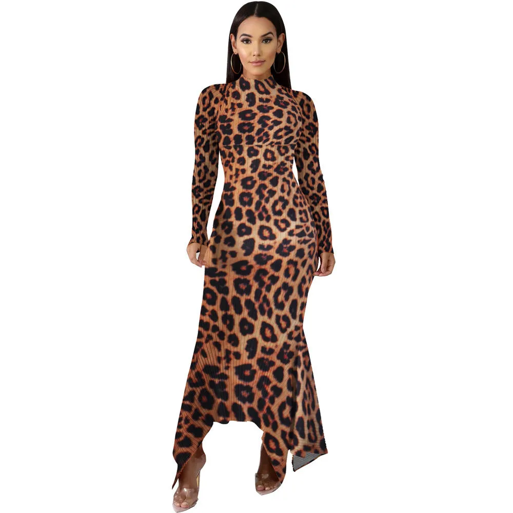 Printing Irregular Swing Slim Stand Collar Full Sleeve Maxi Dress