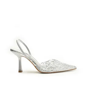 Silver Crystal-Embellished Slingback Stilettos | 445N-S