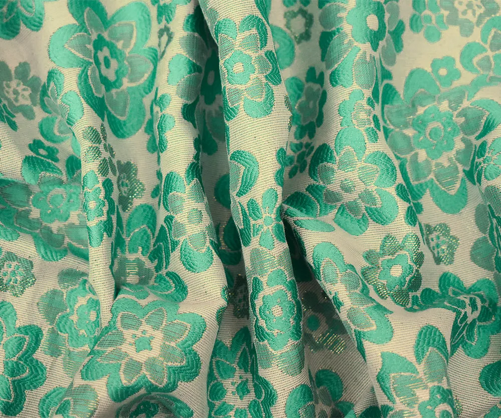 Teal-Taupe-Gold Poly Blend Floral Jacquard Brocade Woven Fabric