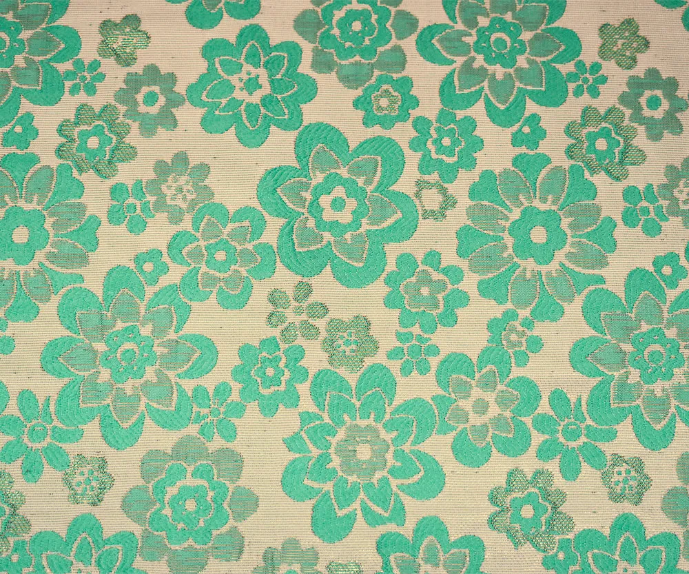 Teal-Taupe-Gold Poly Blend Floral Jacquard Brocade Woven Fabric