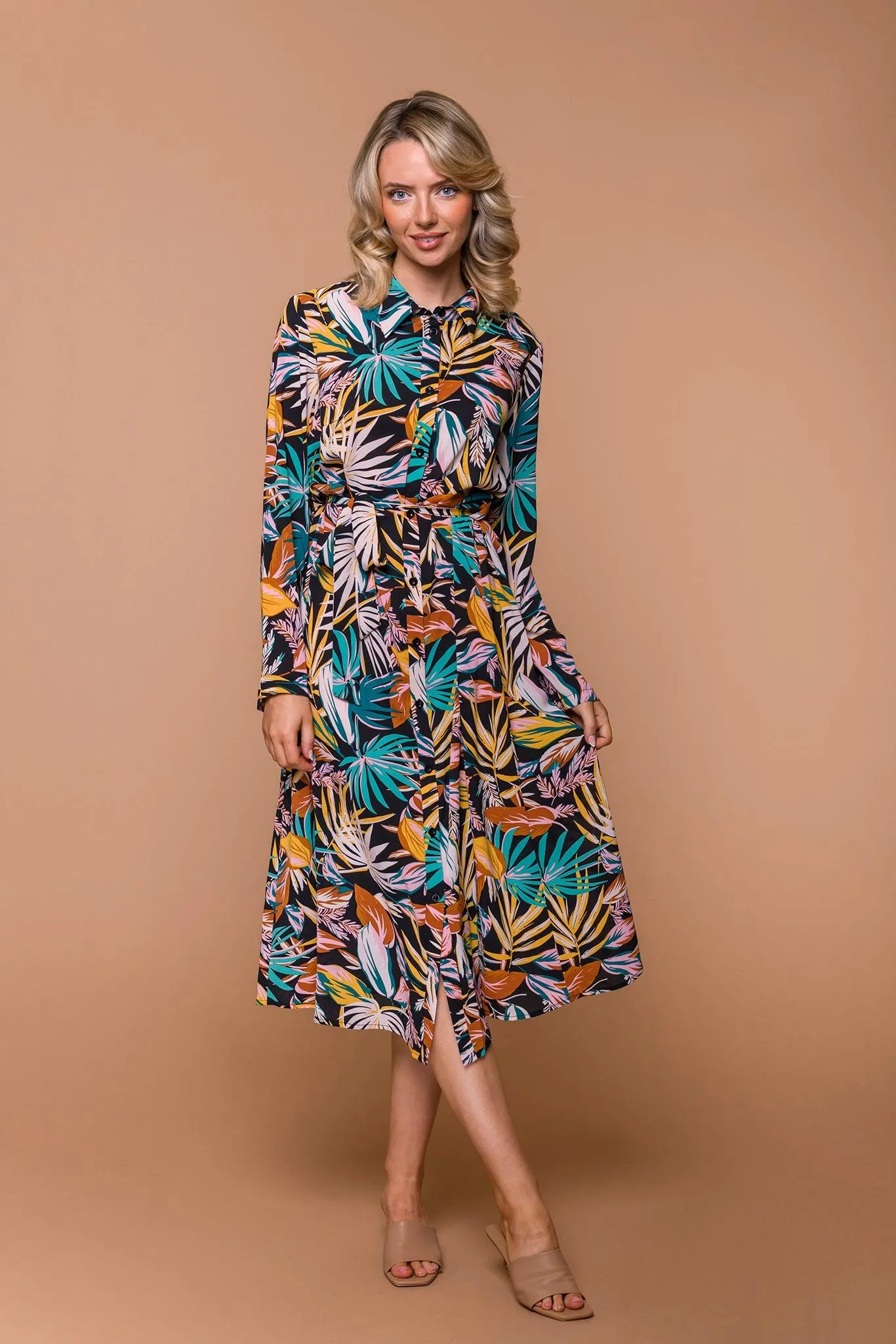 Tropical Leaf Print Shirt Dress