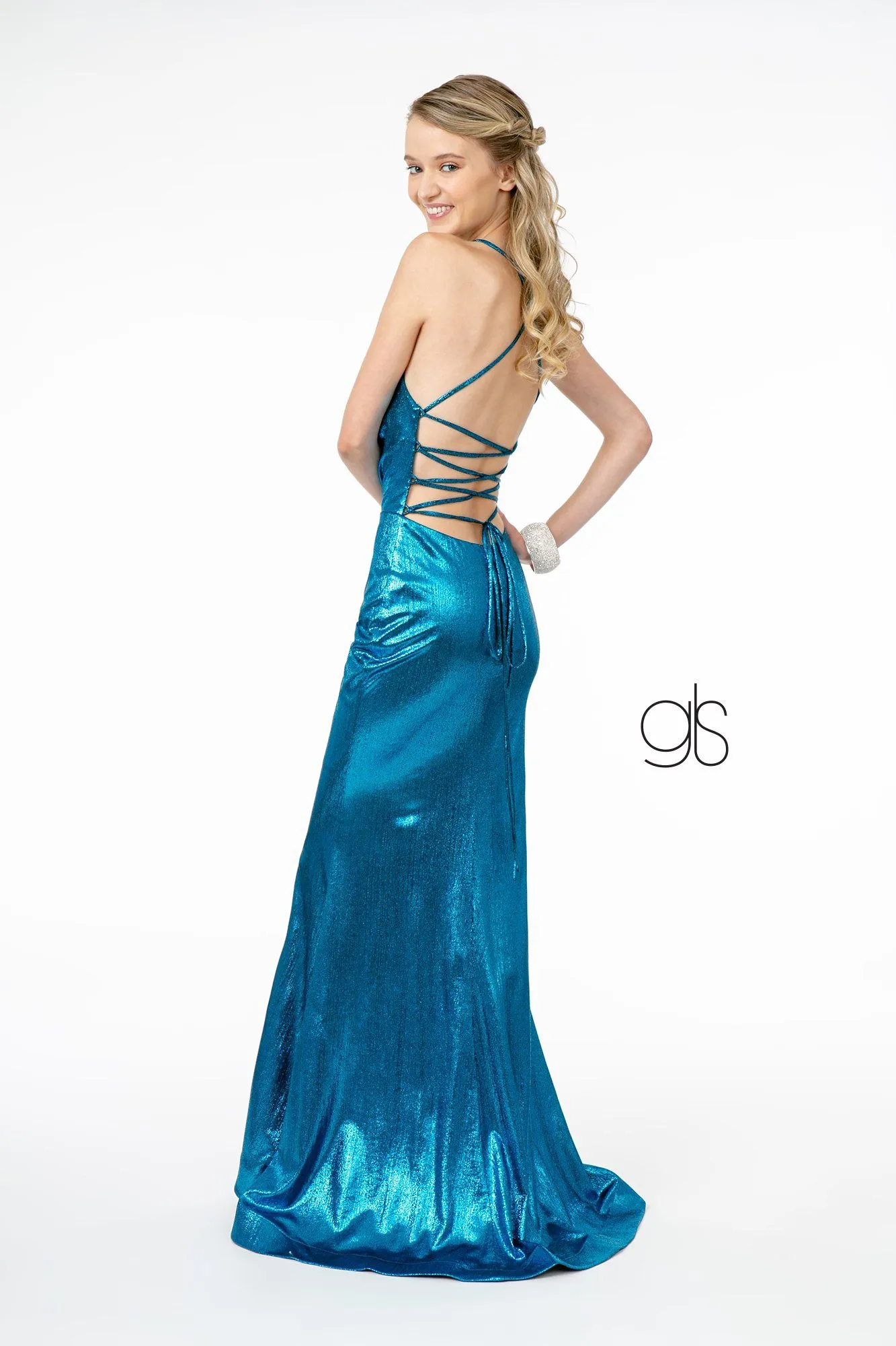 V-Neck Metallic Mermaid Gown with Corset Back by Elizabeth K GL2943