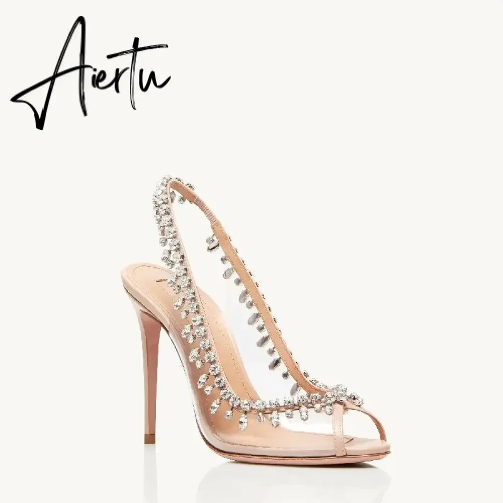 Wedding Crystal Women Pumps Transparent Sexy Ankle Strap Rhinestones Tassel Pendant High Heels Fashion Summer Party Prom Shoes