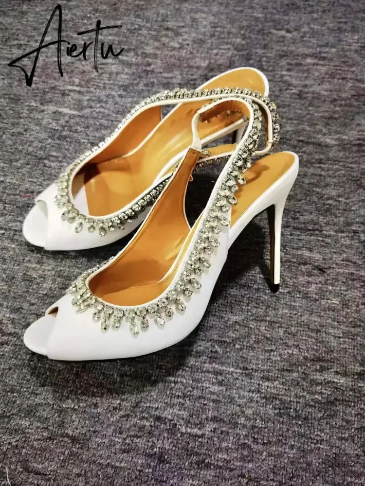 Wedding Crystal Women Pumps Transparent Sexy Ankle Strap Rhinestones Tassel Pendant High Heels Fashion Summer Party Prom Shoes