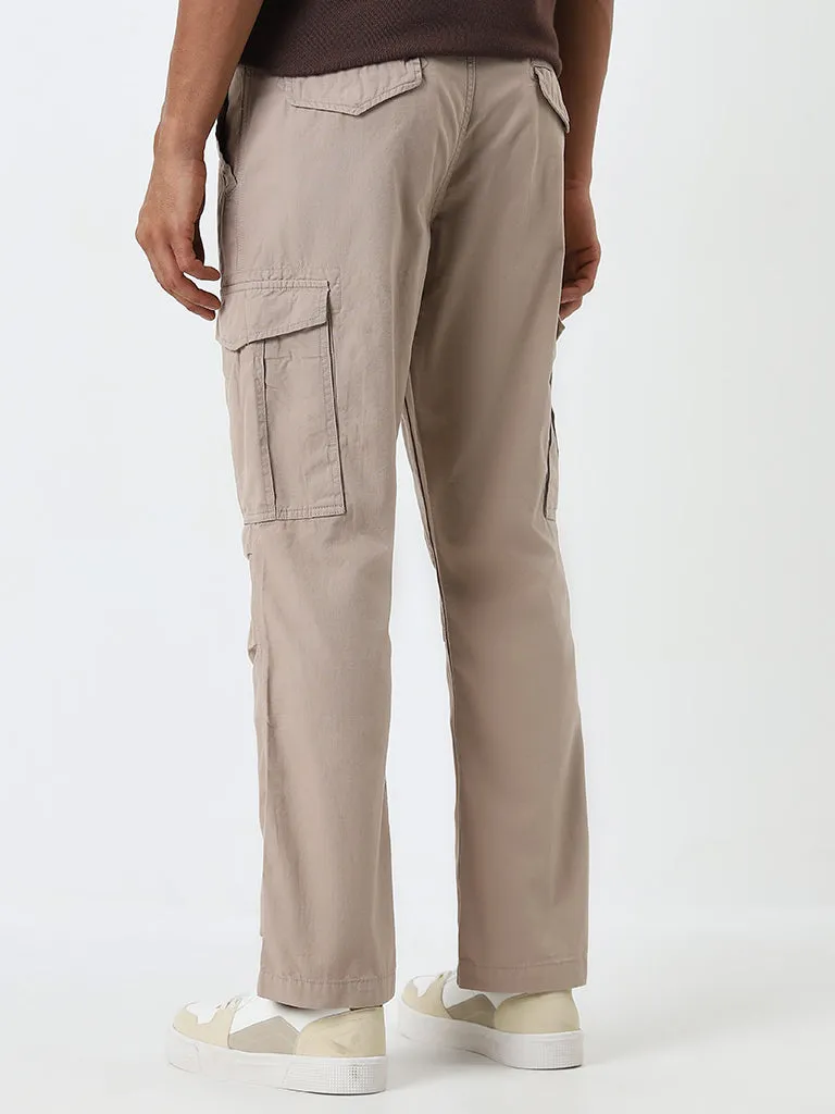 WES Casuals Beige Relaxed-Fit Mid-Rise Cotton Trousers