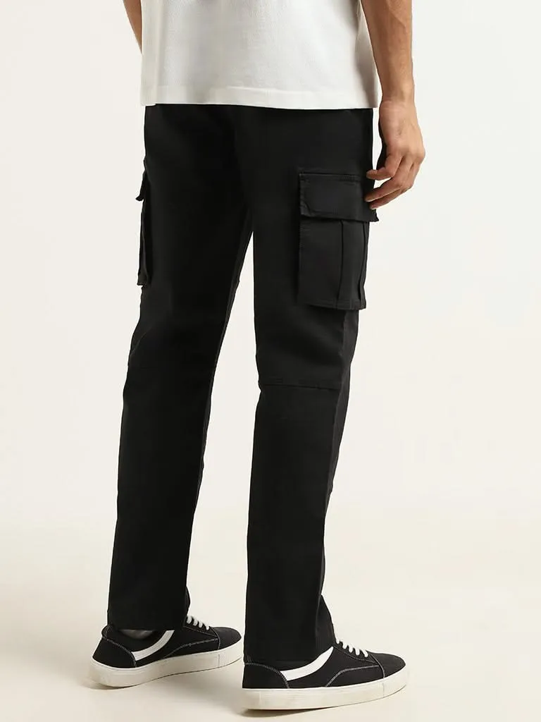 WES Casuals Solid Black Cotton Blend Relaxed Fit Cargo