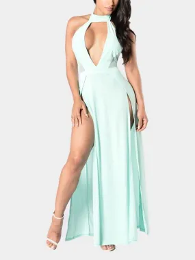 Wholesale Aquamarine Sleeveless Backless Spaghetti Strap Slit Hem Maxi Dress