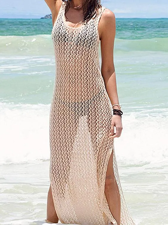 Wholesale Black Round Neck Sleeveless See Through Slit Hem Maxi Dresses