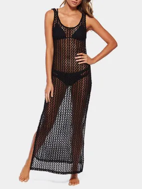 Wholesale Black Round Neck Sleeveless See Through Slit Hem Maxi Dresses