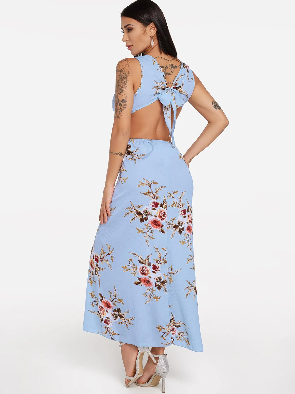 Wholesale Blue Sleeveless Floral Print Backless Self-Tie Slit Hem Maxi Dress