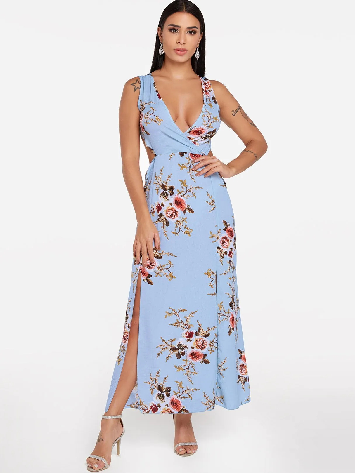 Wholesale Blue Sleeveless Floral Print Backless Self-Tie Slit Hem Maxi Dress