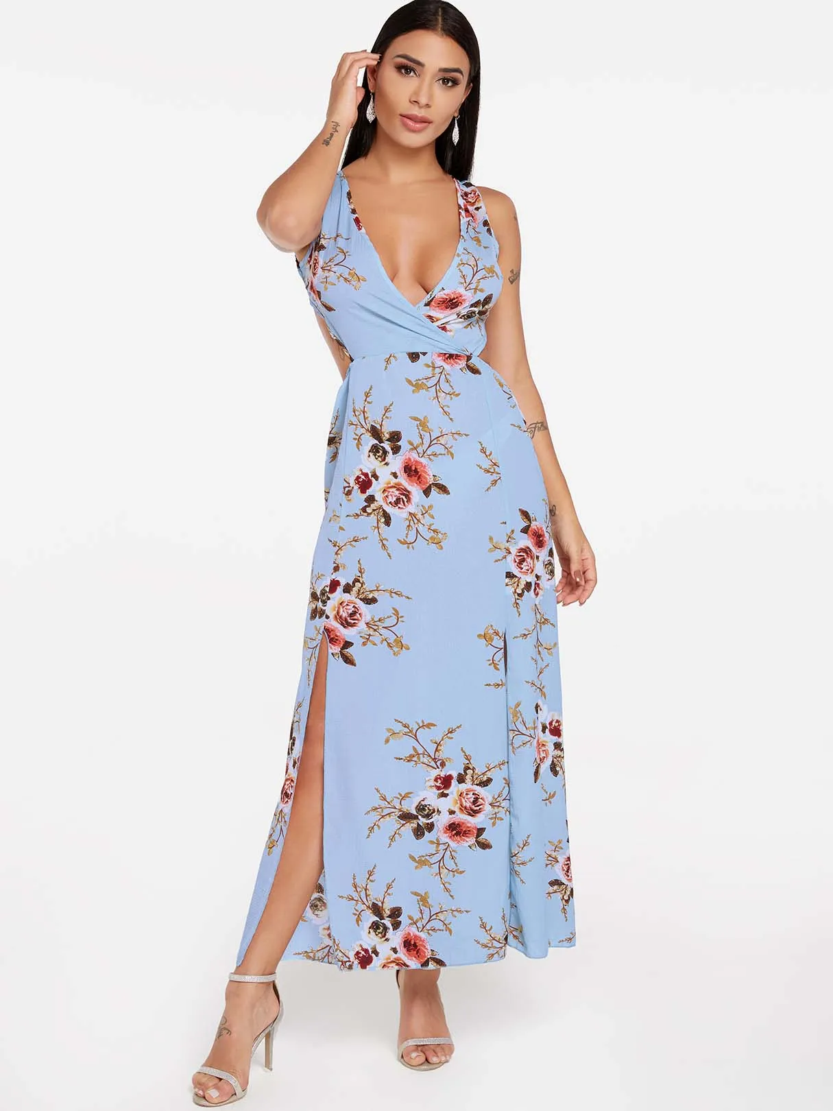 Wholesale Blue Sleeveless Floral Print Backless Self-Tie Slit Hem Maxi Dress