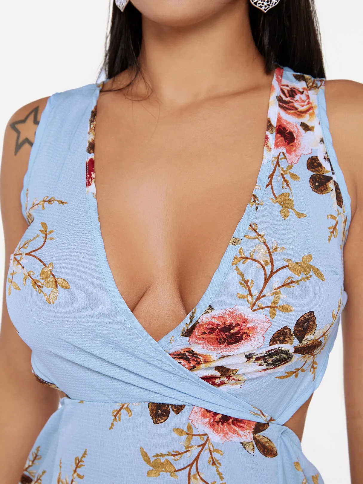 Wholesale Blue Sleeveless Floral Print Backless Self-Tie Slit Hem Maxi Dress