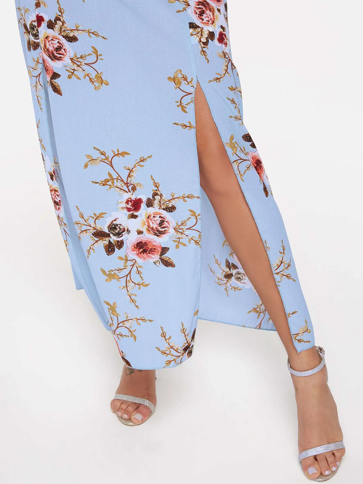 Wholesale Blue Sleeveless Floral Print Backless Self-Tie Slit Hem Maxi Dress