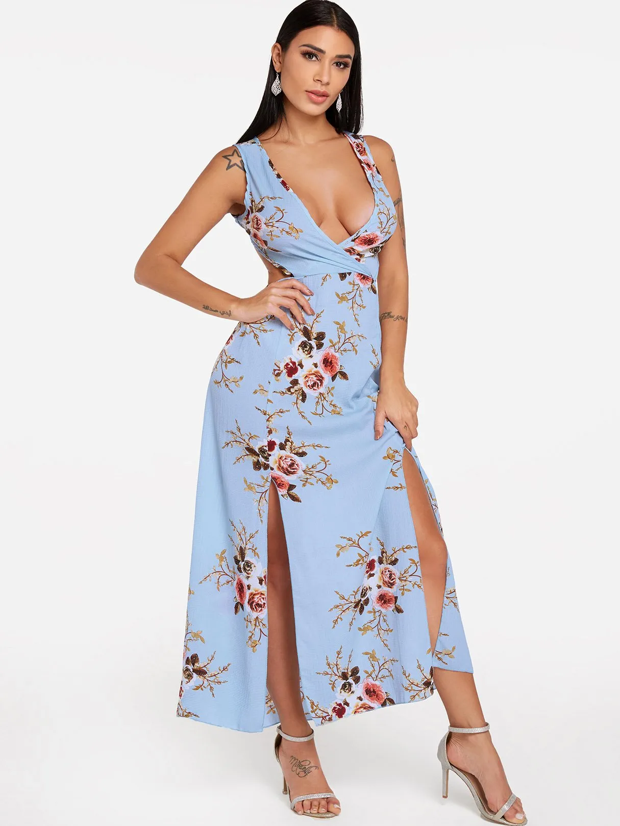 Wholesale Blue Sleeveless Floral Print Backless Self-Tie Slit Hem Maxi Dress