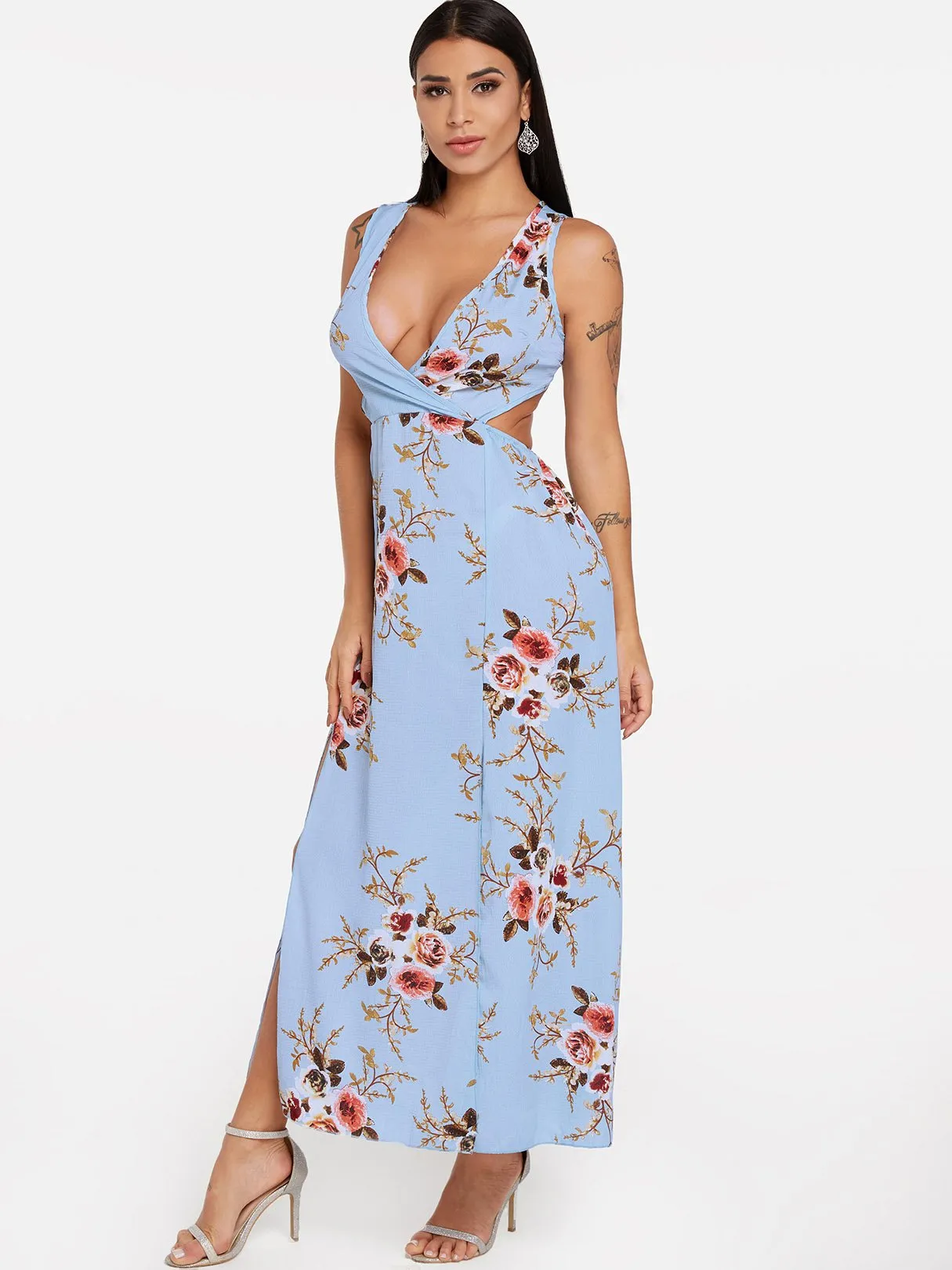 Wholesale Blue Sleeveless Floral Print Backless Self-Tie Slit Hem Maxi Dress