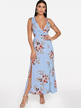 Wholesale Blue Sleeveless Floral Print Backless Self-Tie Slit Hem Maxi Dress