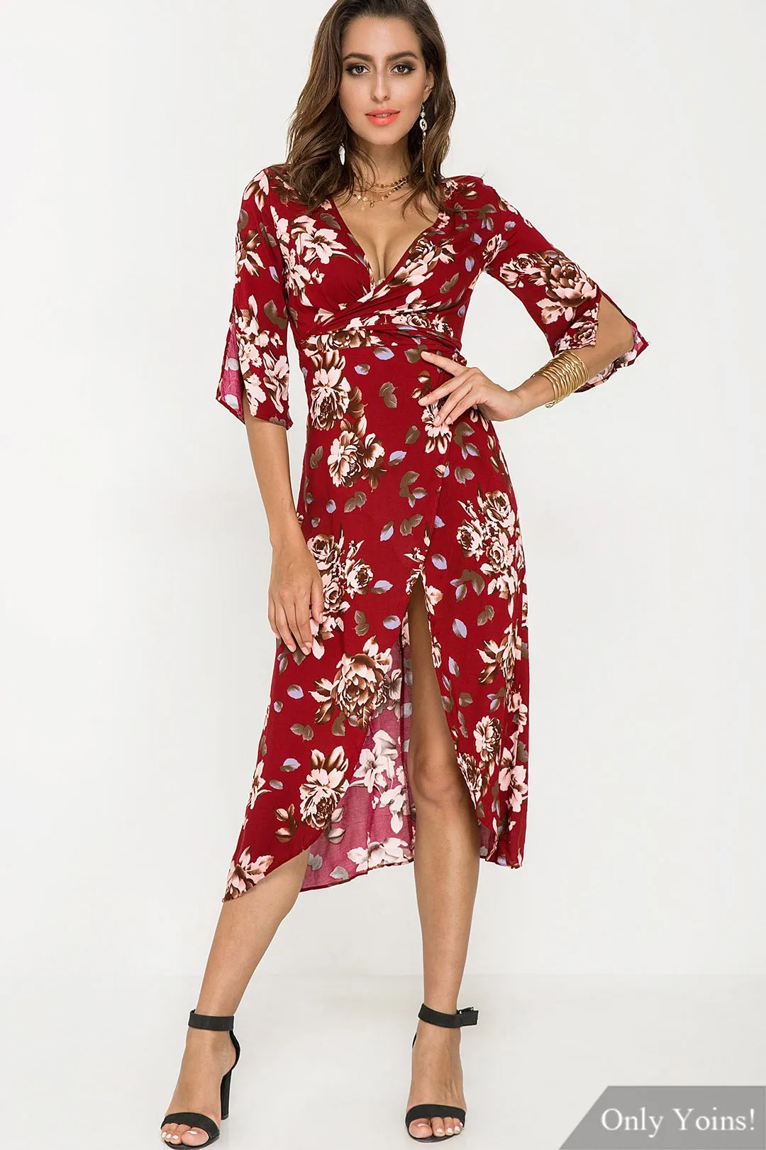 Wholesale Burgundy V-Neck Half Sleeve Floral Print Crossed Front Wrap Slit Hem Maxi Dresses