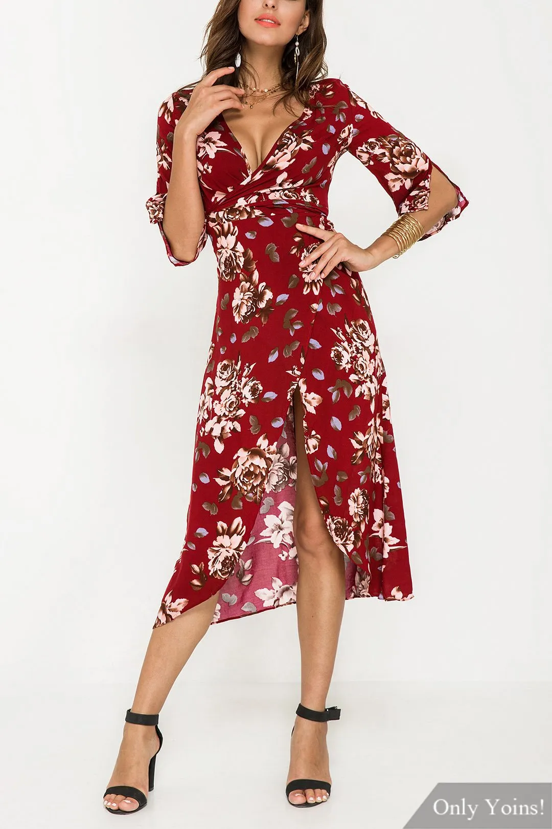 Wholesale Burgundy V-Neck Half Sleeve Floral Print Crossed Front Wrap Slit Hem Maxi Dresses