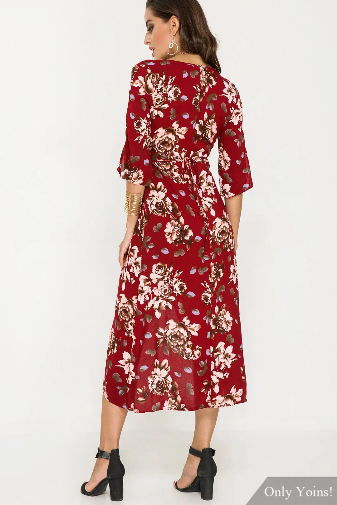 Wholesale Burgundy V-Neck Half Sleeve Floral Print Crossed Front Wrap Slit Hem Maxi Dresses