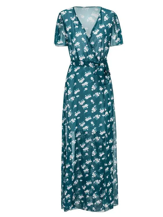 Wholesale Green V-Neck Short Sleeve Floral Print Slit Hem Maxi Dresses