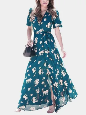 Wholesale Green V-Neck Short Sleeve Floral Print Slit Hem Maxi Dresses