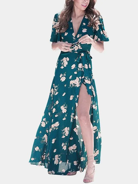 Wholesale Green V-Neck Short Sleeve Floral Print Slit Hem Maxi Dresses