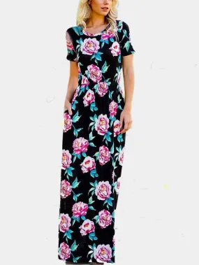 Wholesale Round Neck Short Sleeve Floral Print Maxi Dress