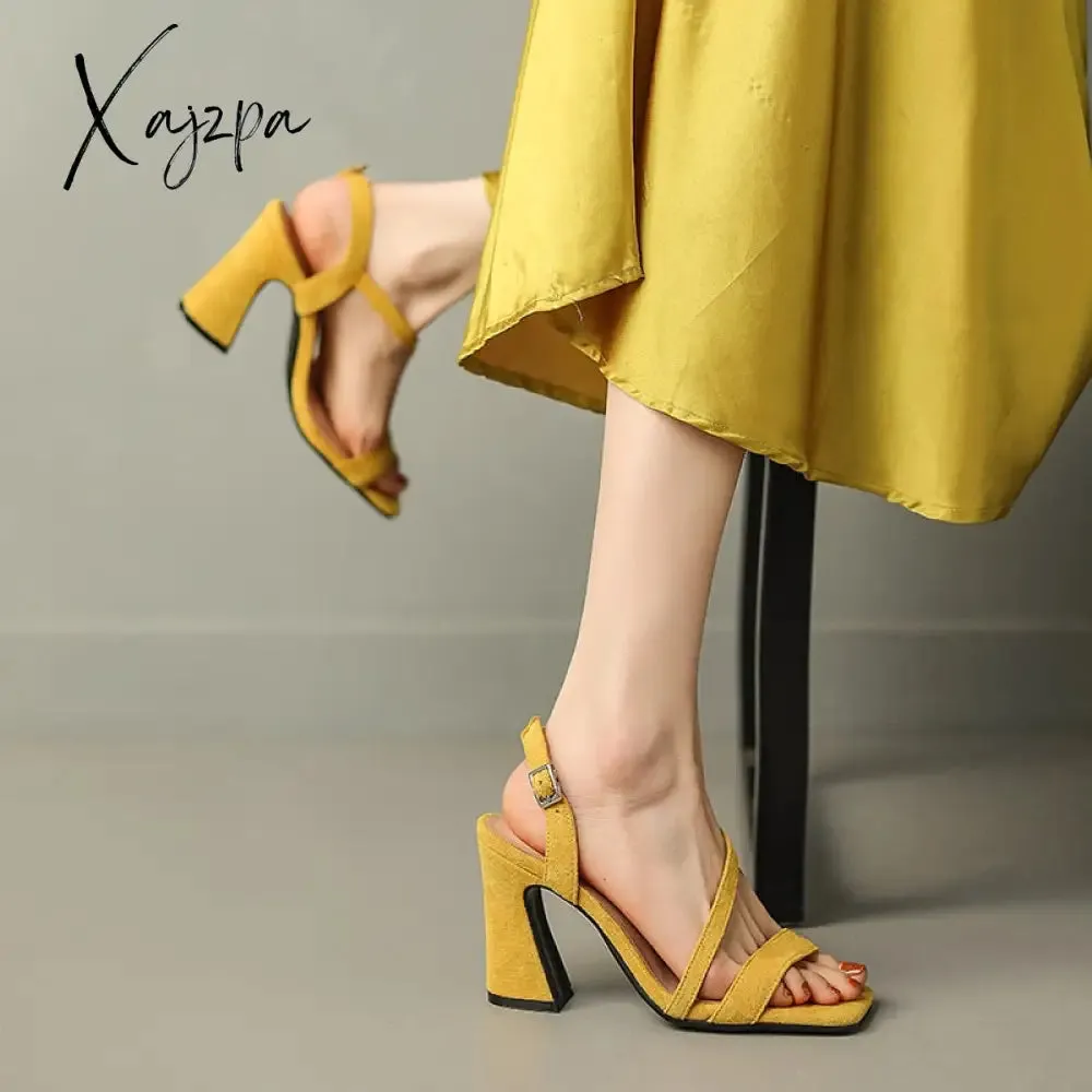 Xajzpa - 2023 New Arrival Crystal Thick High Heels Women Sandals Fashion Square Toe Buckle Strap Pumps Banquet Party Shoes